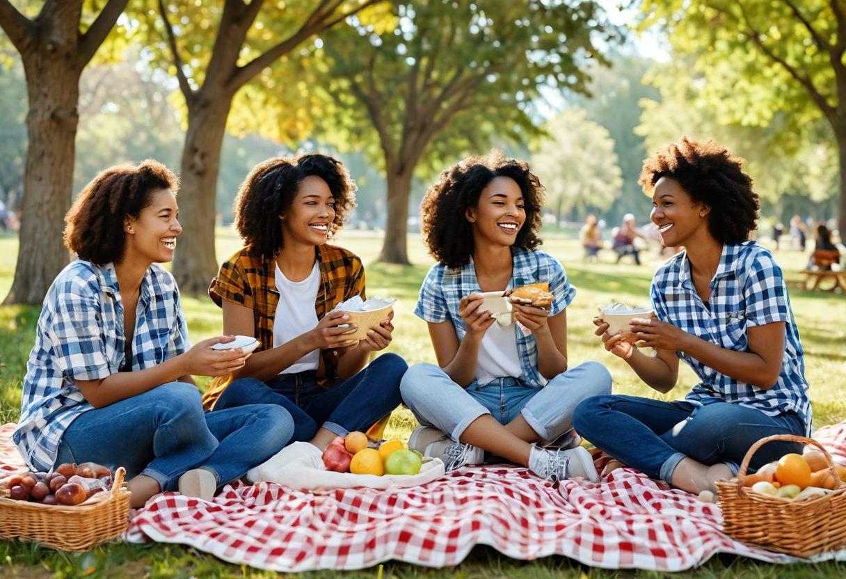A warm, cozy scene depicting a diverse group of friends sharing heartfelt moments, laughing and bonding over a picnic in a sunlit park. Soft, vibrant colors to evoke feelings of joy and companionship, with elements like a checkered blanket, delicious food, and playful pets around, enhancing the atmosphere of affection and connection. charming illustration, vibrant colors, soft focus.