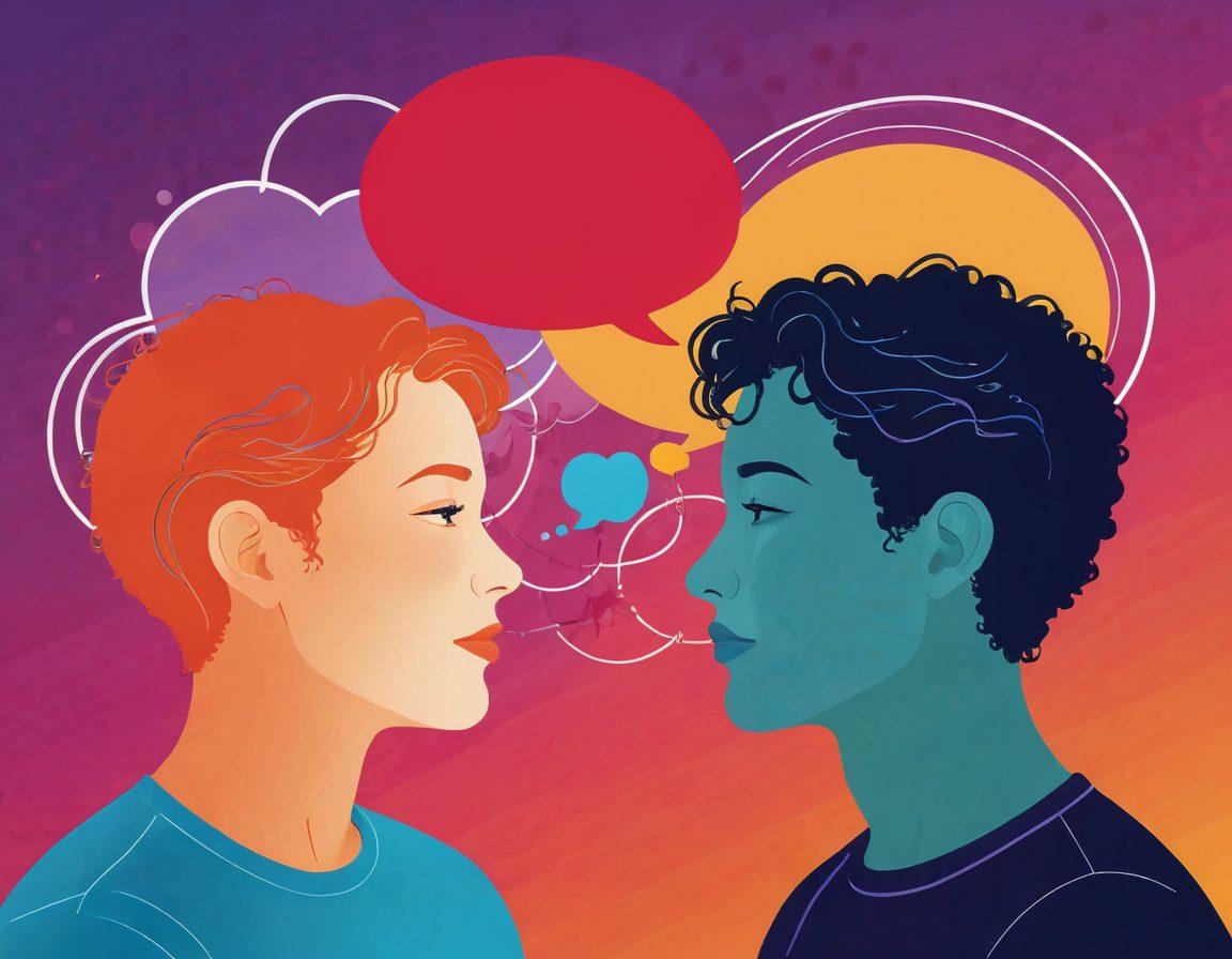 A vibrant illustration of two diverse individuals engaging in a spirited conversation, with colorful thought bubbles representing their ideas and emotions intertwining above them. The backdrop features heart symbols and connecting lines, symbolizing connection and partnership. Warm, inviting colors to evoke a sense of understanding and passion. digital art. vibrant colors. soft background.