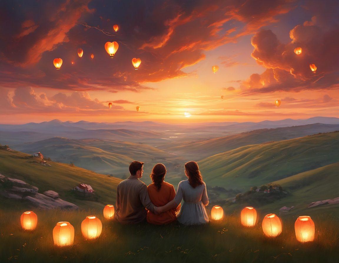 A serene scene showcasing a couple sitting on a grassy hilltop at sunset, holding hands and gazing into the horizon. Surround them with soft glowing lanterns that symbolize their shared devotion, and display subtle heart-shaped motifs in the clouds above. Include a vibrant array of warm colors to evoke a sense of harmony and companionship. super-realistic. vibrant colors. warm tones.
